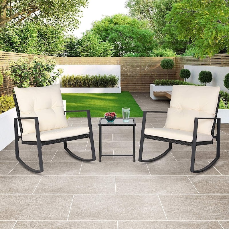 SUNCROWN 3-Piece Black Metal Outdoor Patio Rocking Bistro Set - Beige