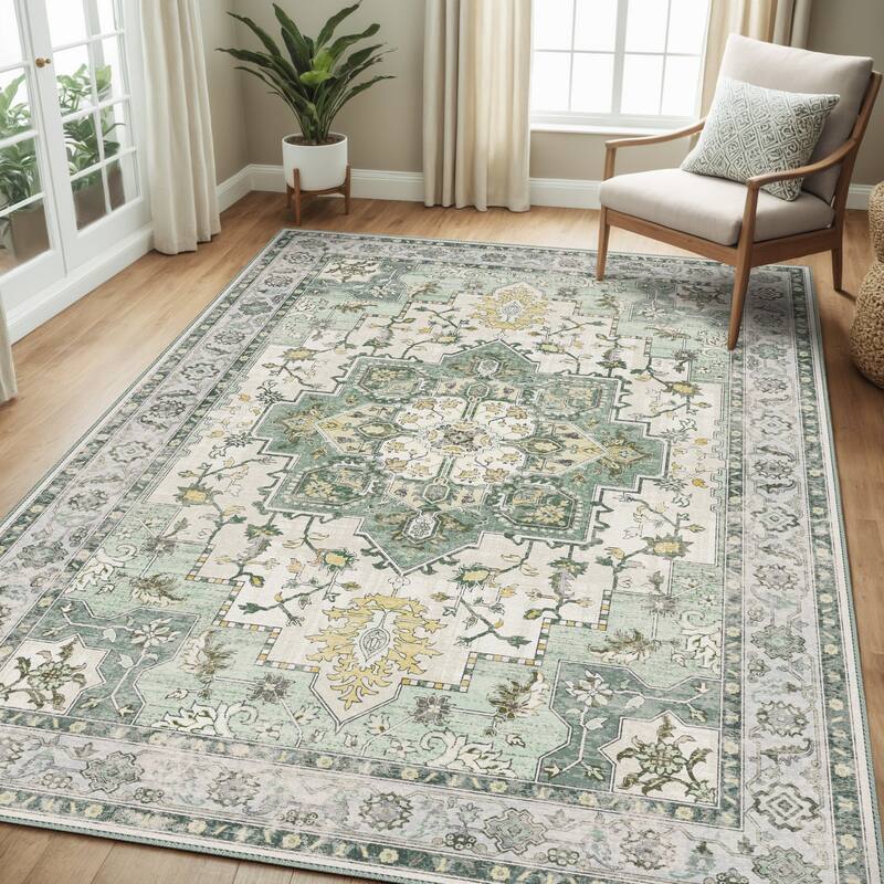 Mcow Green Floral Faded Low Pile Machine Washable Non-Slip Area Rug - 2'X10' - Green - Runner