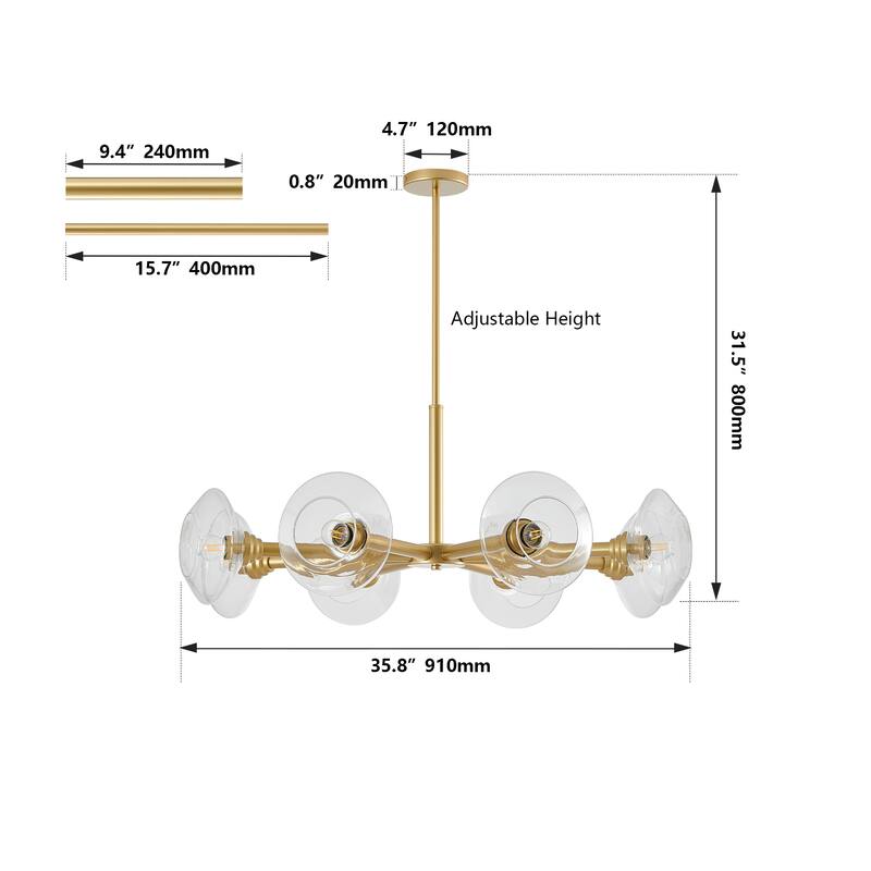 36" Modern Gold Sputnik Chandelier with Clear Glass Shades, Hanging Pendant Light Fixture for Dining Room, Living Room