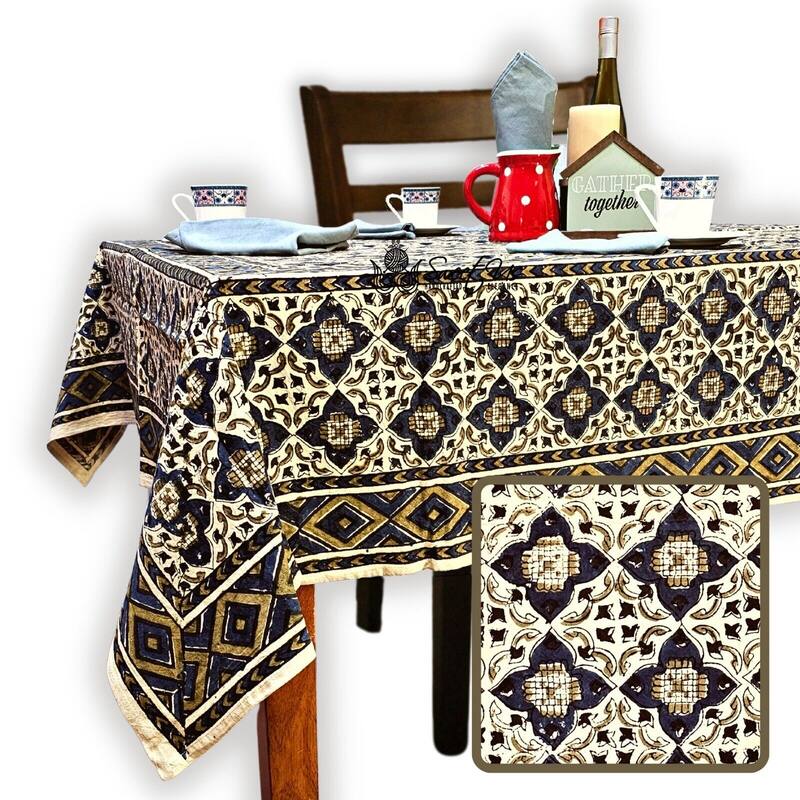 Vegetable Dyed Block Print Cotton Moroccan Tablecloth Collection - 60 x 90 in - Forest Twilight