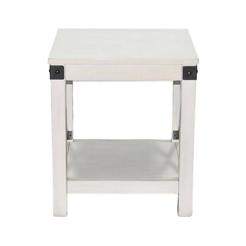 Sime Side End Table w Shelf, X Panel, 20 Inch Square Off White Wood