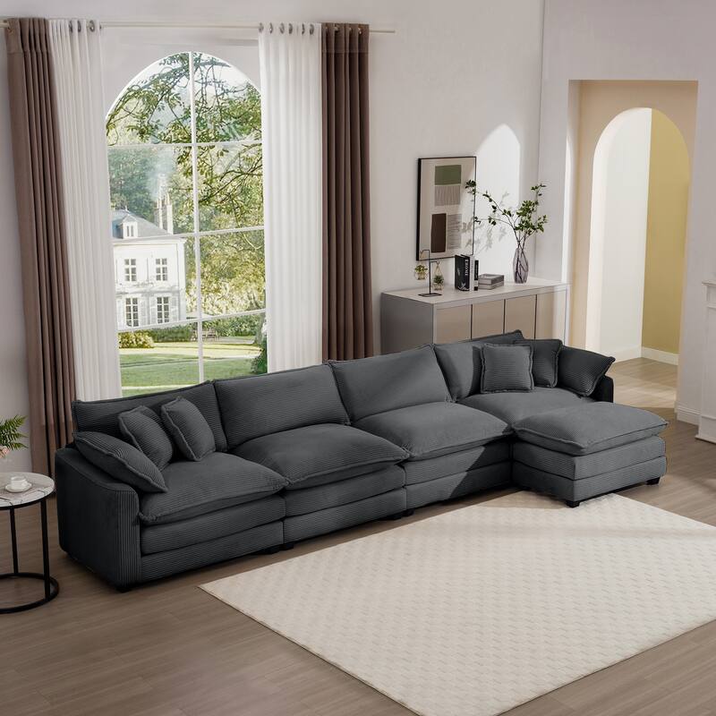 Comfortable 4-Seat Sectional Sofa with High-Resilience Foam & Matching Footstool - Corduroy Upholstery - Grey