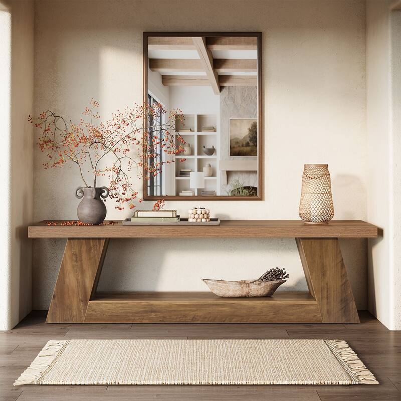 Wooden Entryway Bench with Storage Shelf, 63" Rustic Extra Long Bench