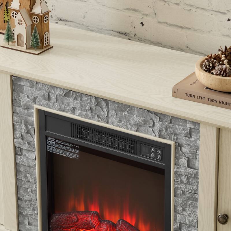 GDFStudio Eulalia Wood 2-Door Storage TV Stand with Faux Stone Mantle