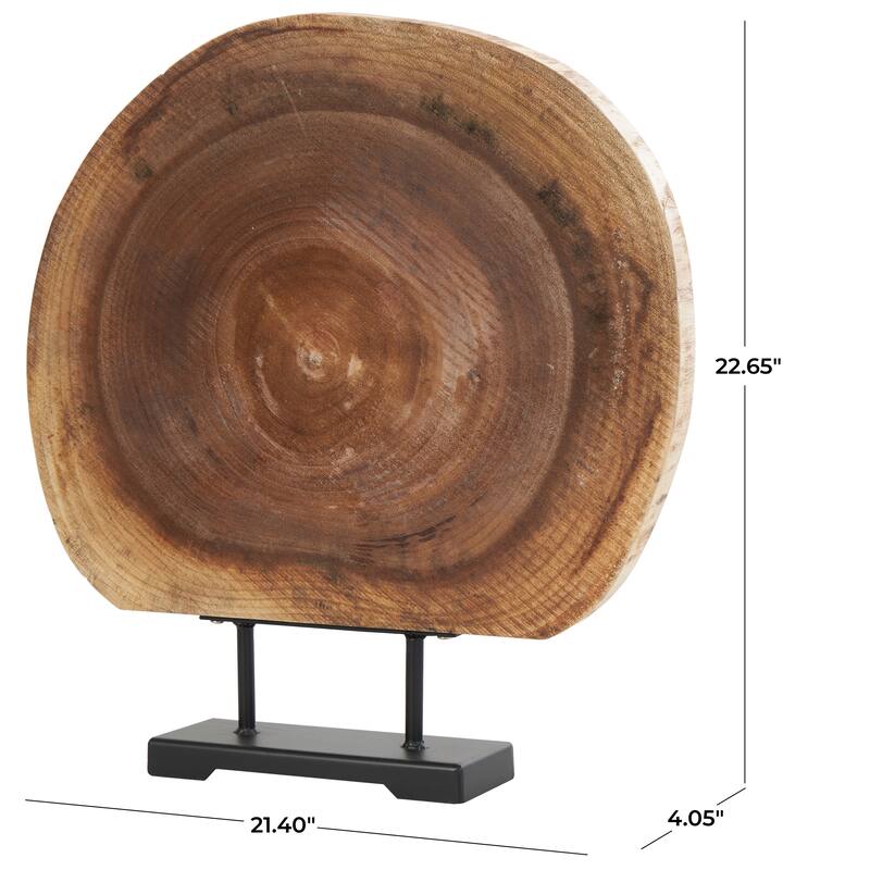 Wood Tree Handmade Circular Slab Sculpture with Black Metal Base - Brown - Roche River Decor - 4"W x 21"L x 23"H