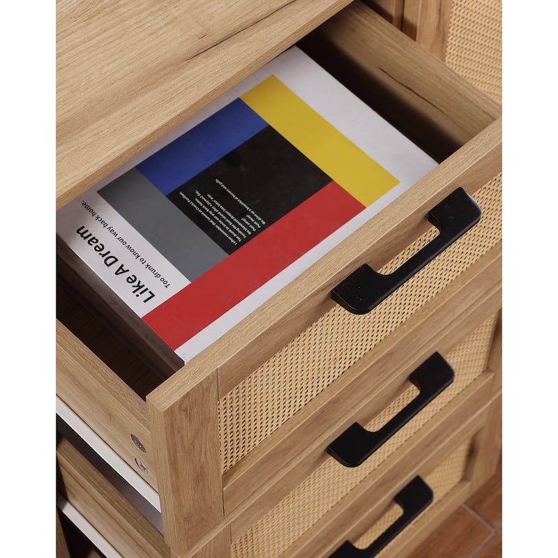 Mid-Century Storage Cabinet with 3 Drawers and Rattan Doors, Adjustable Shelves, Solid Wood Legs for Living or Dining Room