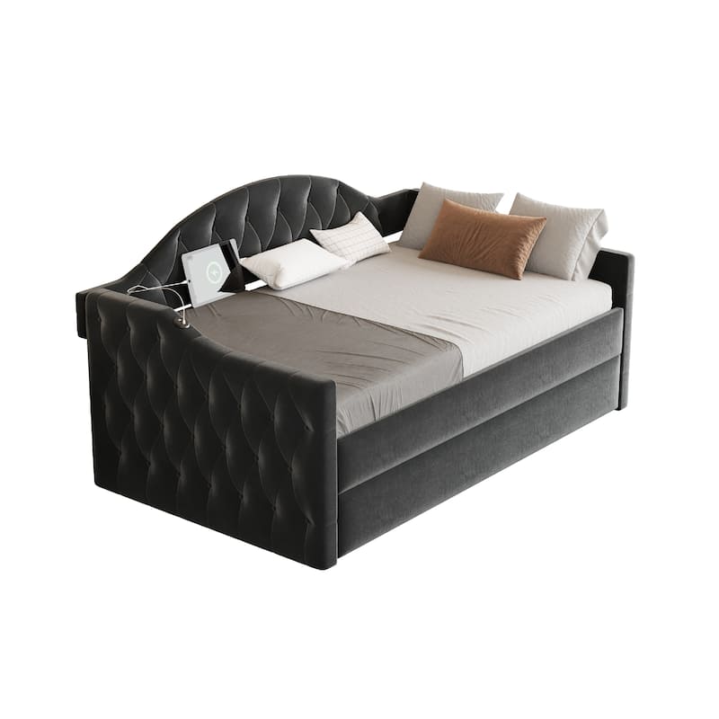 Tufted Upholstered Frame Daybed Velvet Sofa Bed with USB and Type-C Charging Ports, Twin Platform Low Profile Bed with Trundle