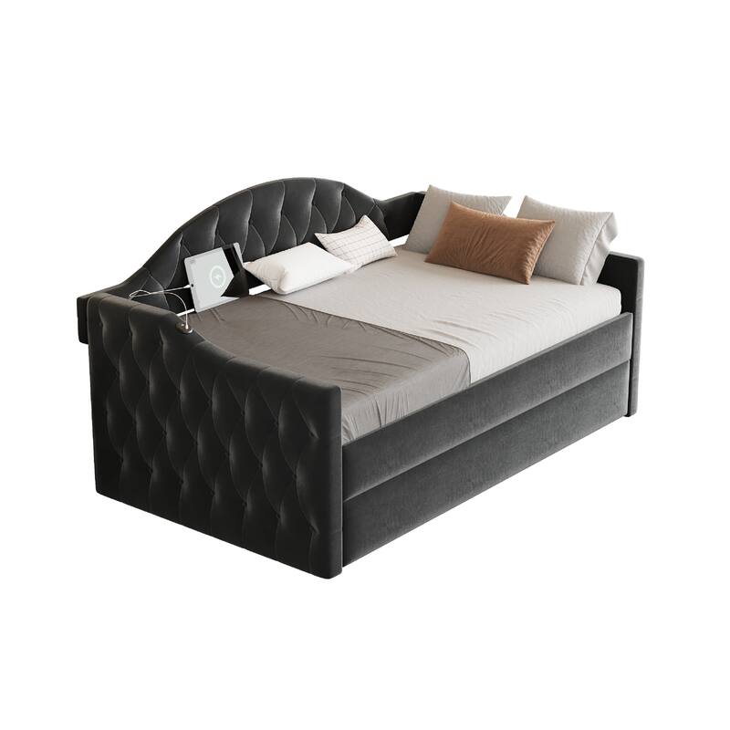 Upholstered Daybed with Trundle ,with USB&Type-C Charging Ports