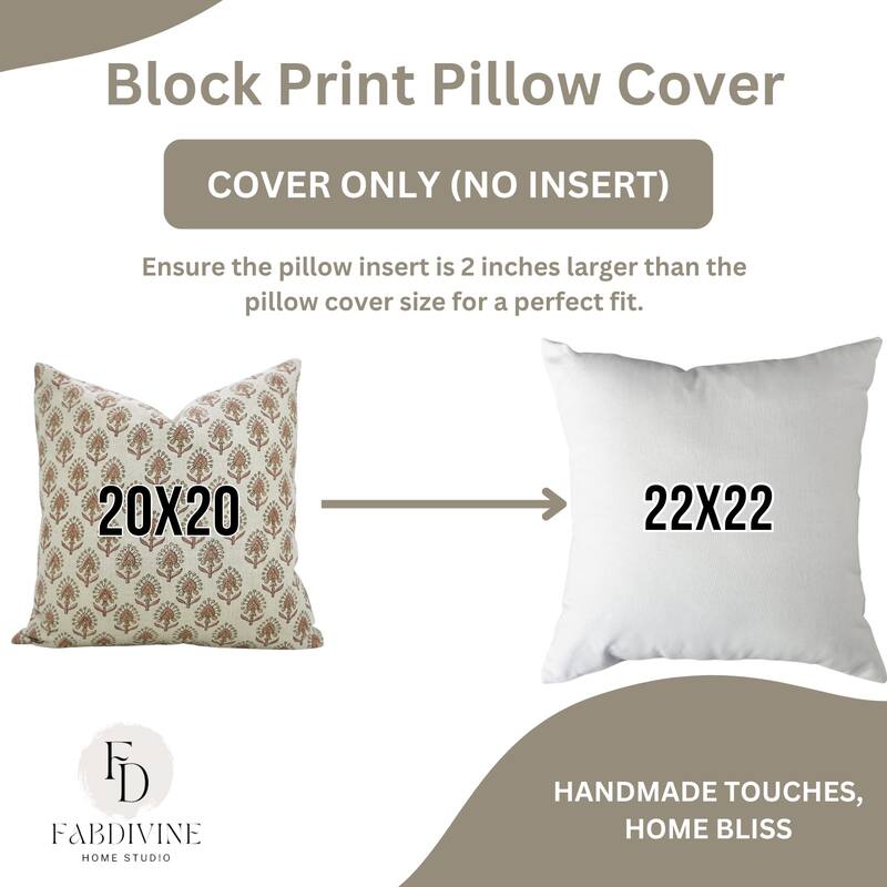 Fabdivine Cushioncase Floral Block Print Accent Pillow Cover for Sofa, Chair, Bed 20x20 Inch Square Fall Décor, Gurukul