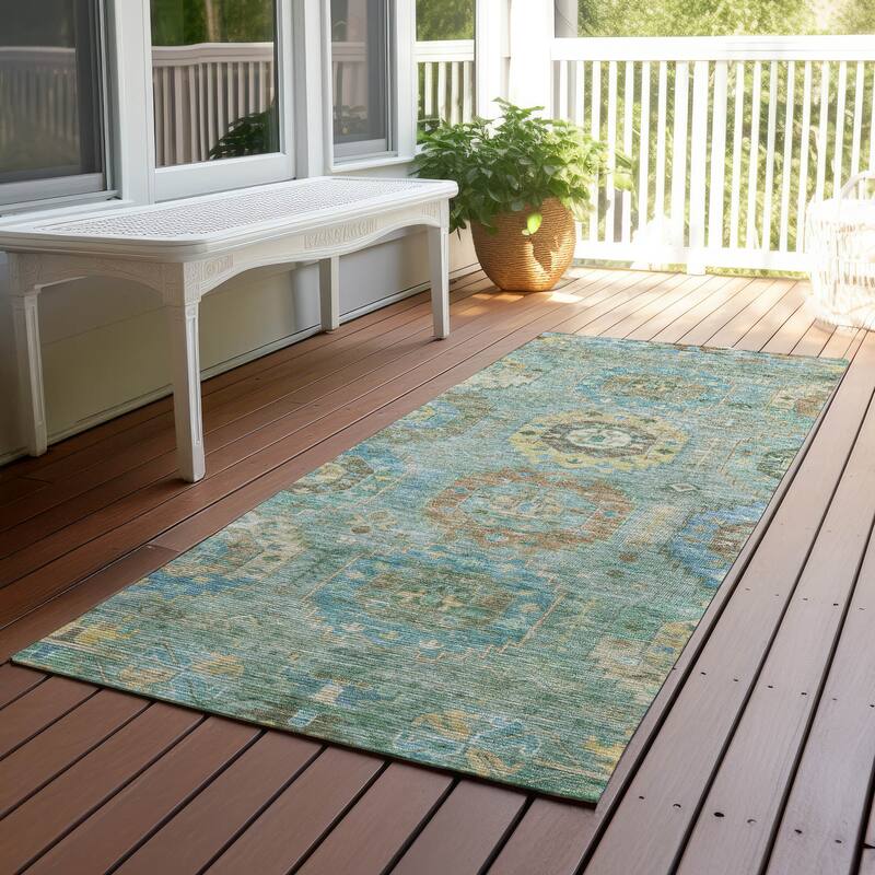 Machine Washable Indoor/ Outdoor Vintage Traditional Chantille Rug - Teal - 2'3" x 7'6"