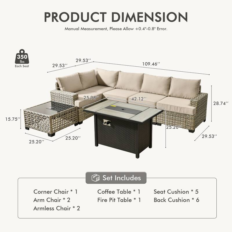 OVIOS 7 Pieces T shaped Seat Wide Armrest Set With Solar-Powered Coffee Table&Fire Pit