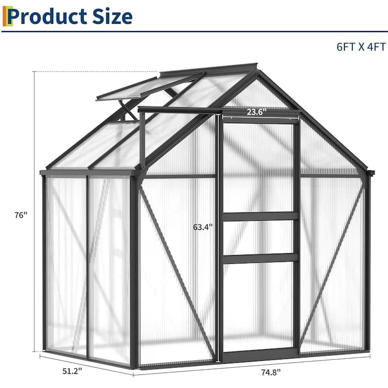 All-Season Backyard Garden 6x4FT Walk-in Polycarbonate Greenhouse, Black