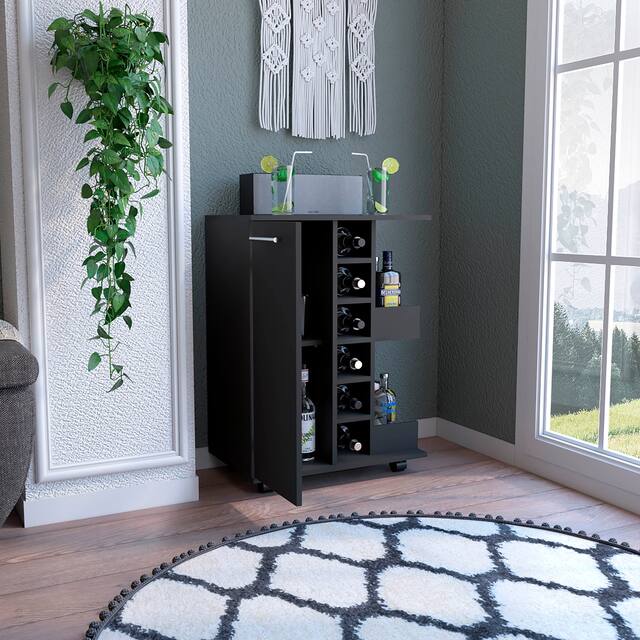 Bar Cart with 2 External Shelves, 4 Casters, 6 Wine Cubbies, and Single Door Cabinet - 23" W x14"D x 32"H