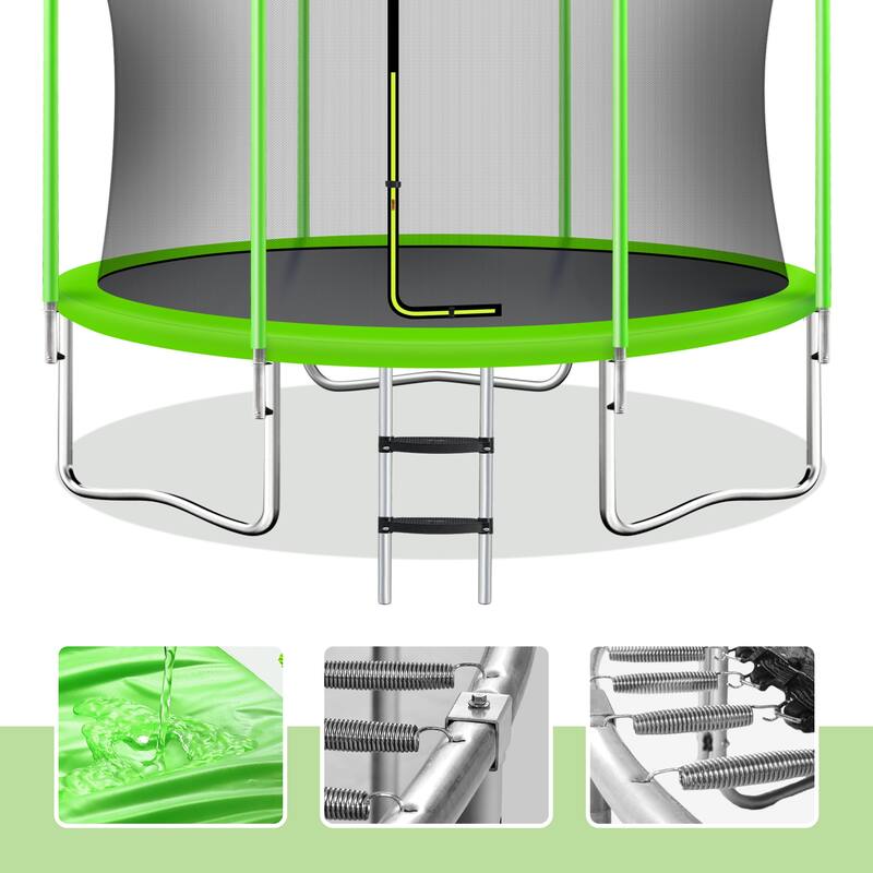 10FT Kids Trampoline with Safety Enclosure, Basketball Hoop and Ladder - Metal Outdoor Fitness Sports Trampoline - Green
