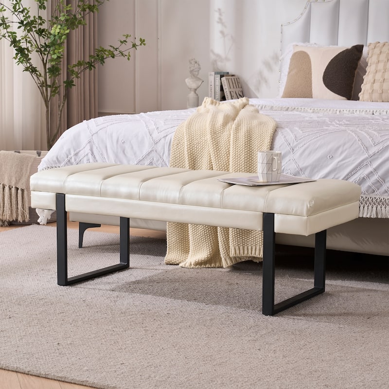 Upholstered Bedroom Bench Tufted Entryway Bench Modern End of Bed Bench Dining Bench with Gold/Black Metal Legs for Window - 46.5" Wide - Beige