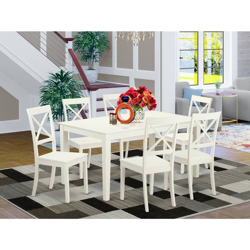 HomeStock 7-Piece Linen White Finish Solid Wood Top Dining Table with 6 Chairs with Lattice Back