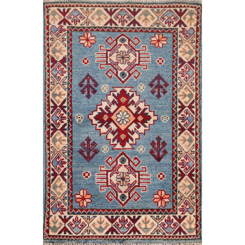 Hand Knotted Oriental 100% Wool Carpet Traditional Geometric Navy Blue & Blues Kazak Area Rug - 3' 0'' X 1' 11''