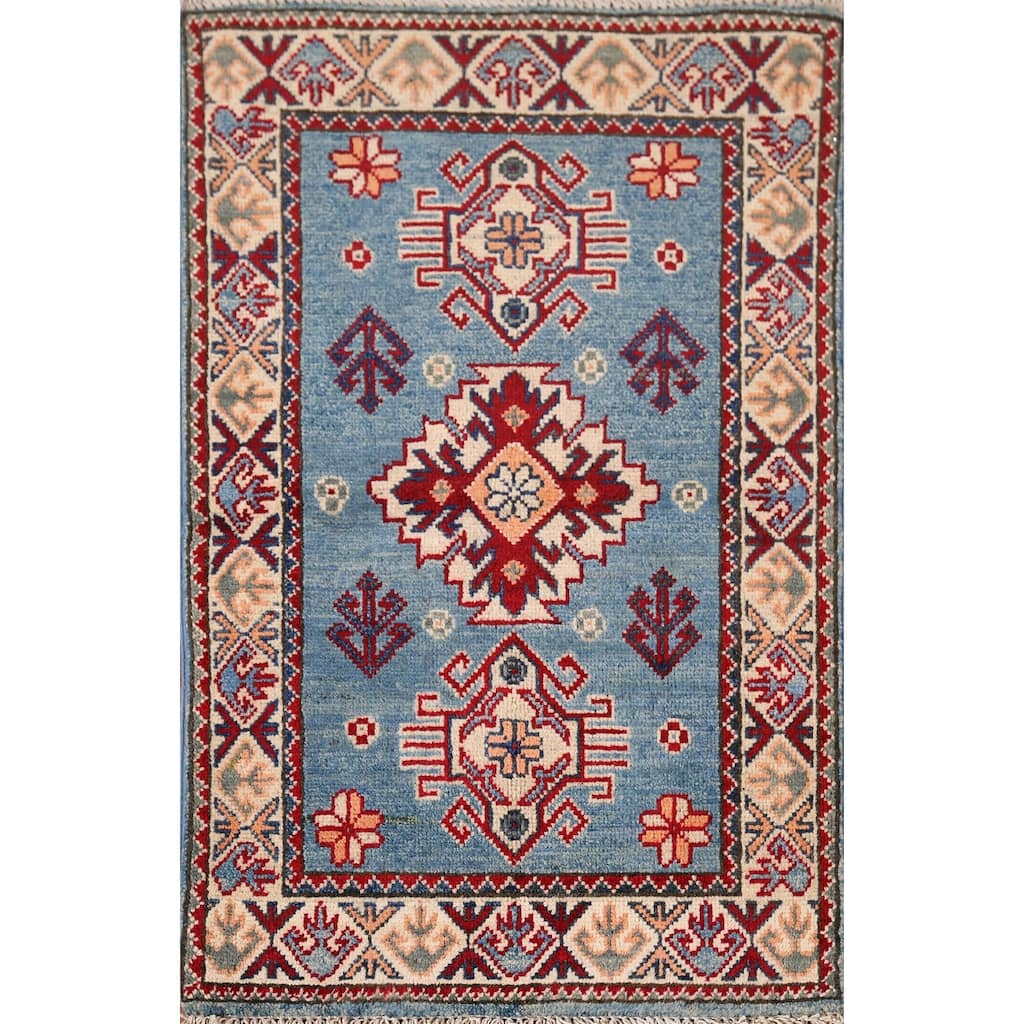 Hand Knotted Oriental 100% Wool Carpet Traditional Geometric Navy Blue & Blues Kazak Area Rug - 3' 0'' X 1' 11''