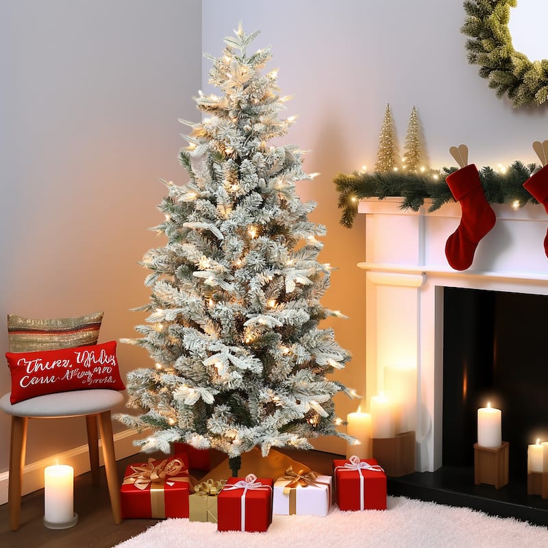 5Ft Pre-Lit Full Artificial Flocked Christmas Tree - 60" H x 33.9" W x 33.9" D