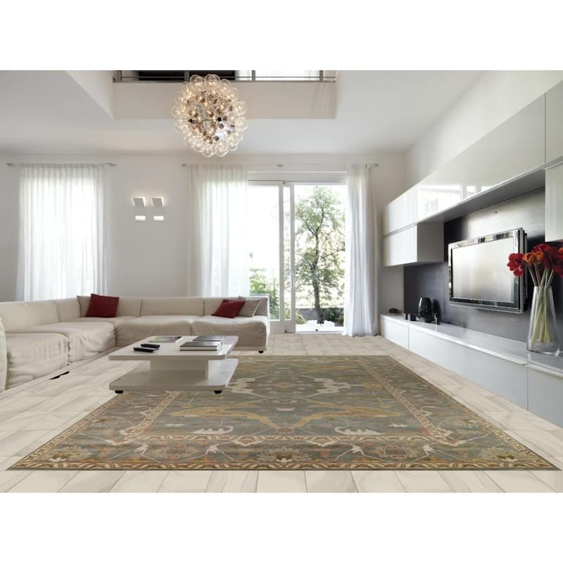 All-Over Gray Green Oushak Indian Large Rug Hand-Knotted Wool Carpet - 11'8" x 17'5"
