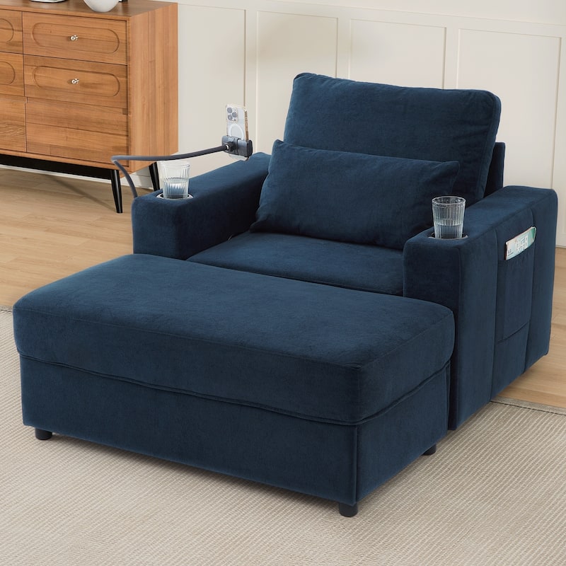 Modern Style Armchair 42.5" Chaise Lounge Sofa Couch with a Movable Storage Ottoman, Two USB Ports, Two Cup Holders