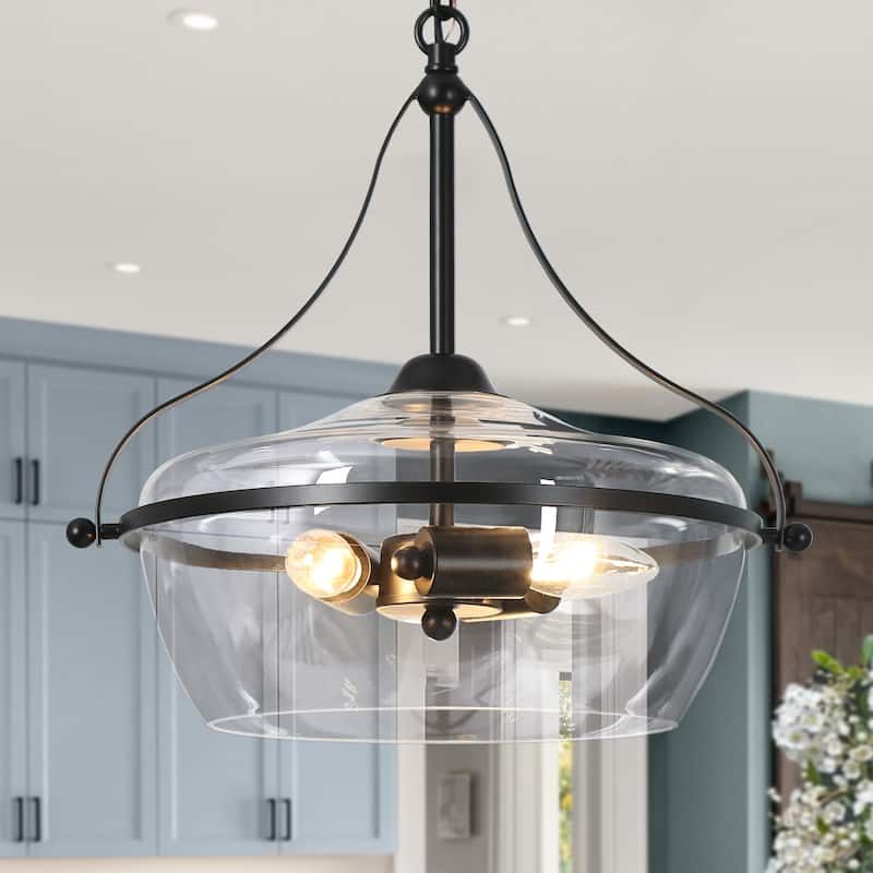 Modern Farmhouse 3-Light Black Gold Glass Chandelier Light Pendant Lights for Kitchen Island - 14" - Black