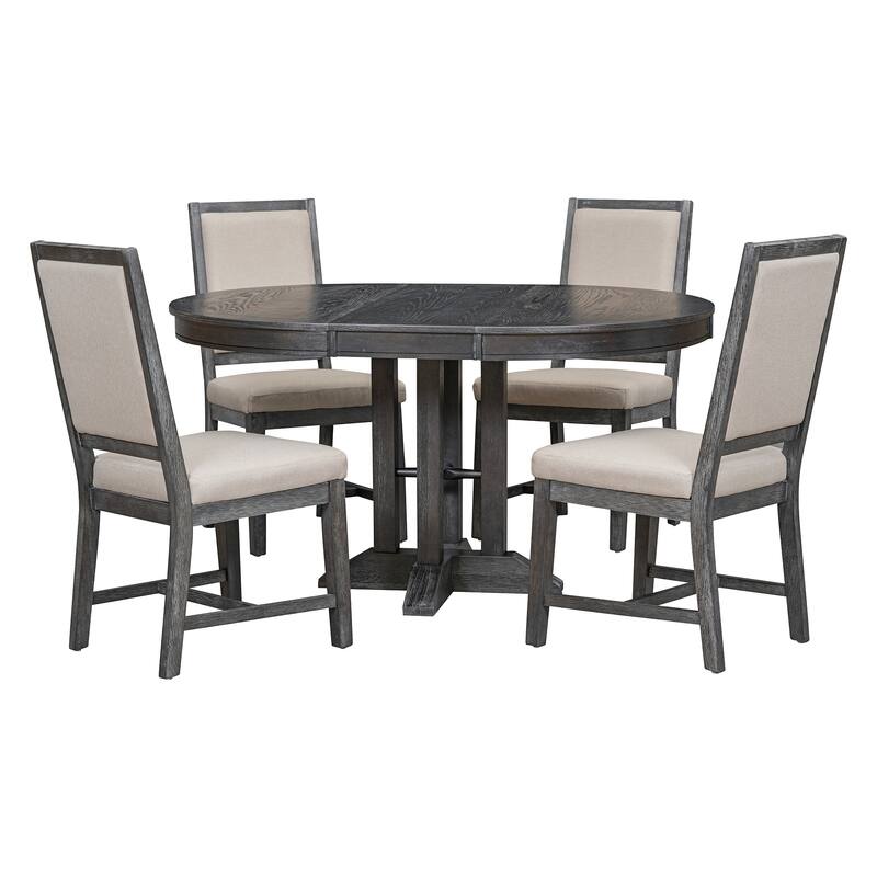 5-Piece Dining Set Extendable Round Table and 4 Upholstered Chairs Farmhouse Dining Set - Black