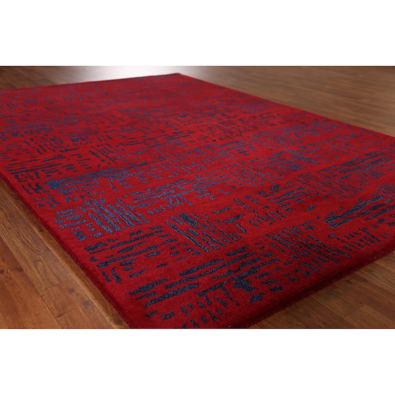 Contemporary Modern Indian Area Rug Handmade Wool Carpet - 5'3" x 7'7" - 5'3" x 7'7" - Red