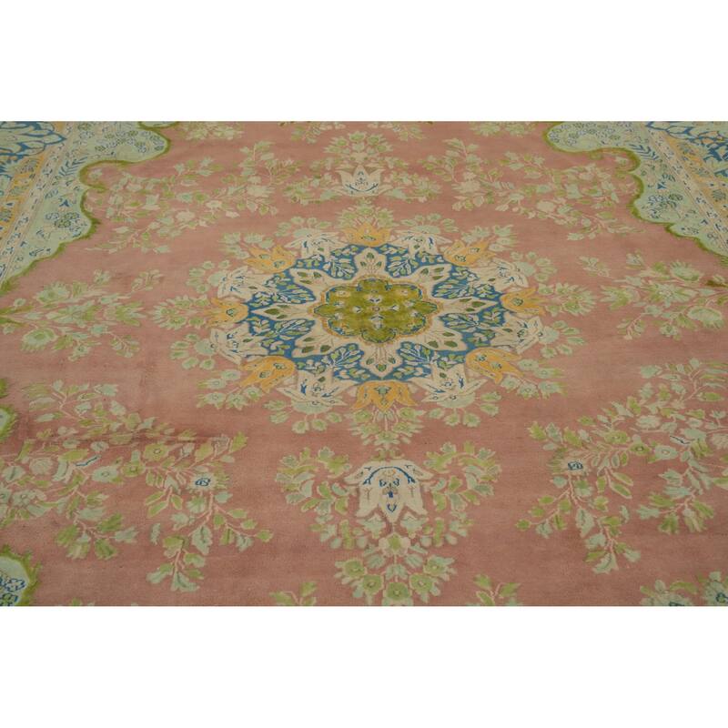 Hand Knotted Oriental 100% Wool Carpet Traditional Floral Pink Kerman Area Rug - 12' 0'' X 8' 1''