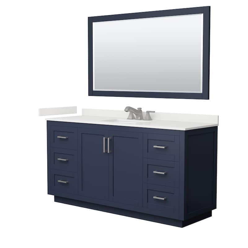 Miranda 66-inch Single Vanity, Quartz Top, 58-inch Mirror - Dark Blue, Nickel Trim, White Quartz Top
