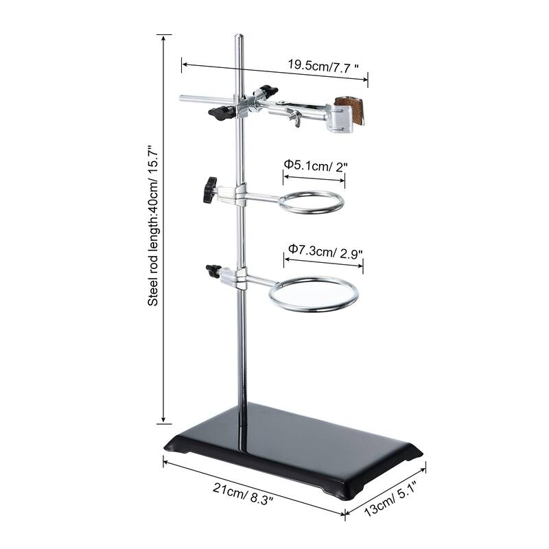 1x Lab Stand Set Laboratory Stand Support w Flask Clamp & Retort Rings - Black, Silver - 16 inch
