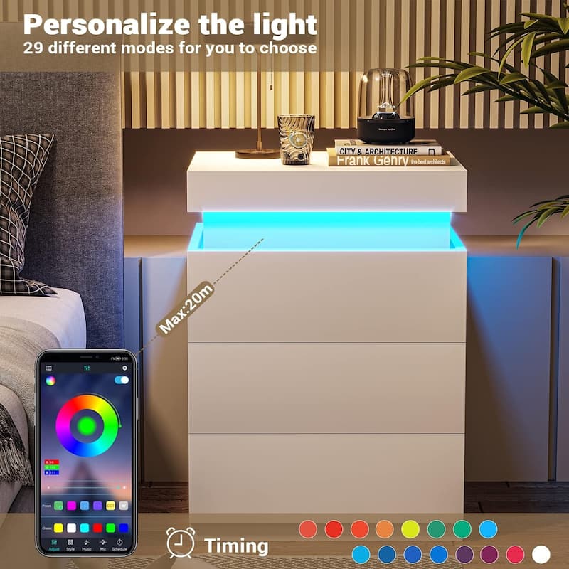 Bedroom Nightstand Charging Station LED Lights Sliding Top 3 Drawers