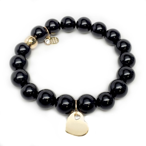 Black Onyx Heart Gold Charm Emma 7" Bracelet