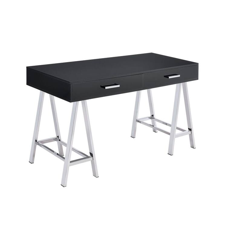 Writing Desk with USB Port - Black High Gloss & Chrome Modern Computer Study Table
