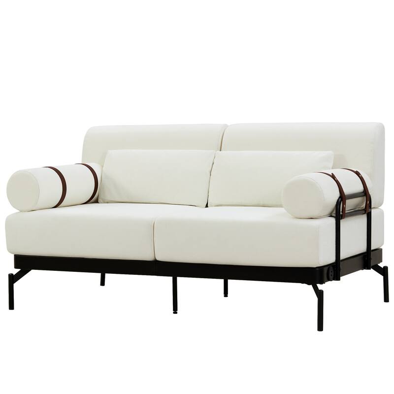 Chenille Loveseat Sofa, 59" 2 Seater Sofa with USB Ports, Round Arms, Adjustable Faux Leather Straps for Living Room