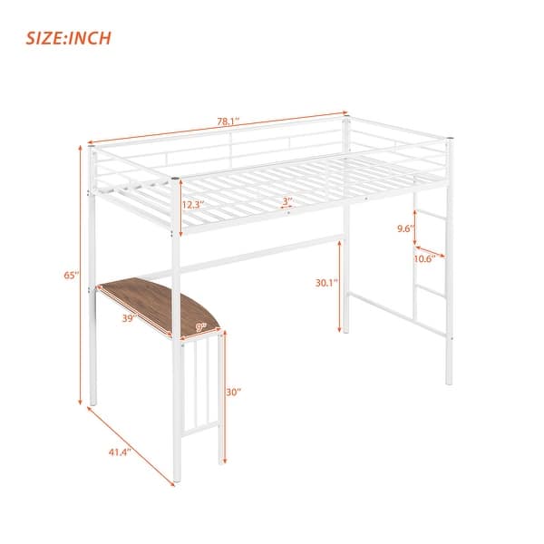 Twin Loft Bed with Built-in Desk and Guardrails, White