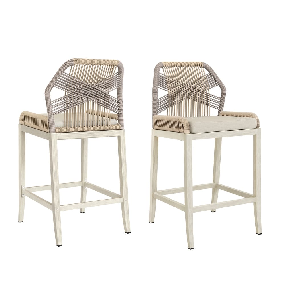 2 Set Modern Aluminum Twill Wicker Woven Outdoor Bar Stool Chair Set, Counter Height Stool with Back and Cushion - 40.6"H