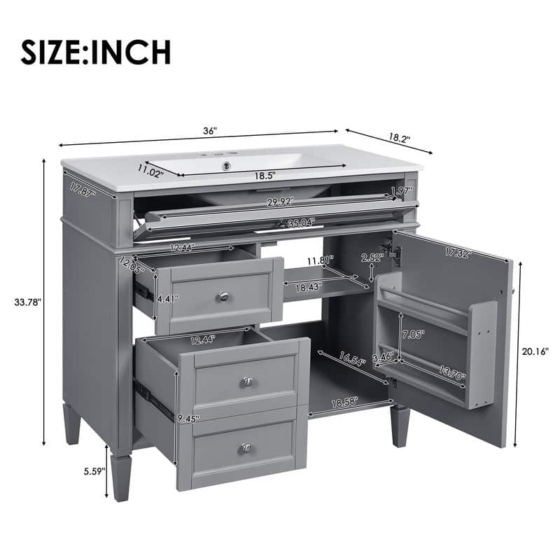 36" Bathroom Vanity with Top Ceramic Sink, 2 Drawers and a Tip-out Drawer