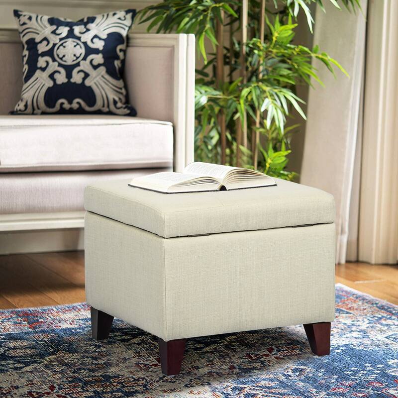 Adeco Square Fabric Storage Ottoman with Tufted Flip Top - Ivory