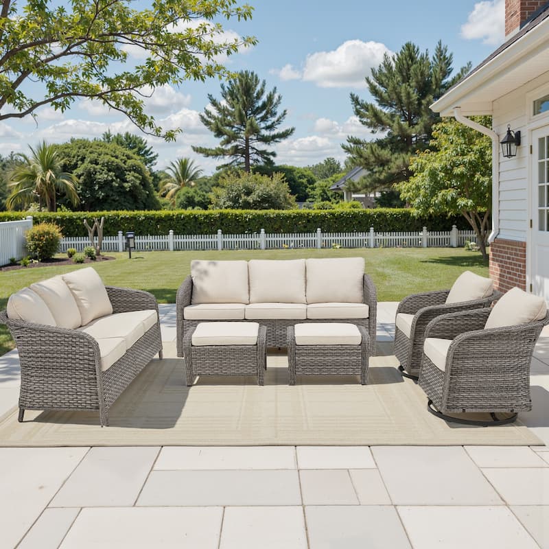 Pocassy Outdoor Patio Furniture Wicker Sofa Chair Set - Light Grey Wicker Beige Cushion - 6 Pieces Sofa Swivel Chair with Ottoman