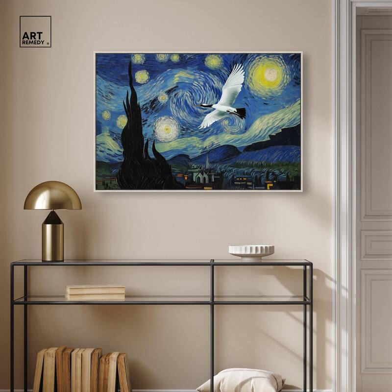 Crane Starry Night Canvas by Art Remedy