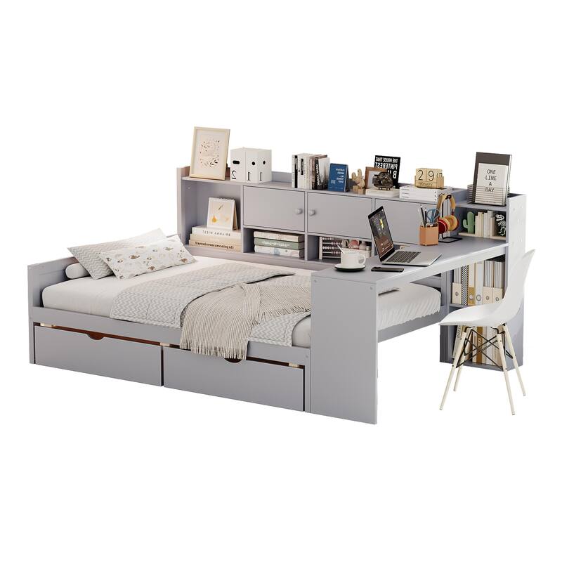 Wooden L Shaped Daybed with Bookcase and 2 Drawers, Multi-functional Corner Platform Sofa Bed Frame with Built In Desk