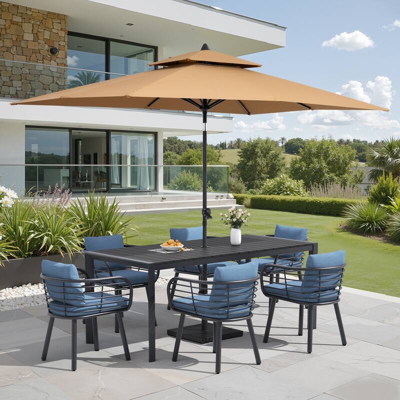 9/11-Piece Outdoor Patio Dining Set w/10 ft Umbrella and Base Aluminum Dining Table and Dining Chairs with Sunbrella Cushions