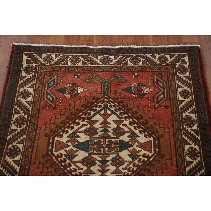 Red Ardebil Persian Vintage Runner Rug Handmade Hallway Wool Carpet - 3'3"x 9'3"