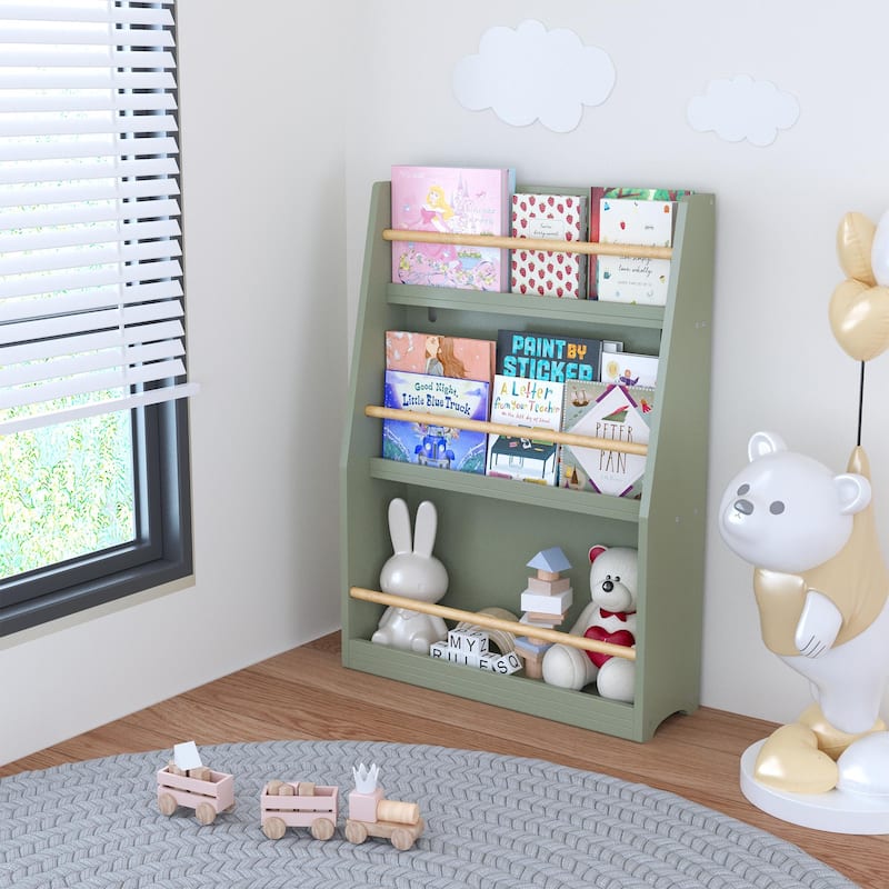 Anmytek 3-Tier Kids Wall Bookshelf with Slanted Front & Guardrails, Pastel Finish Wooden Display for Bedroom