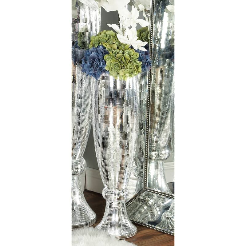 Silver Polystone Glam Vase with Mosaic Mirror Inlay - Silver - 9"W, 33"H