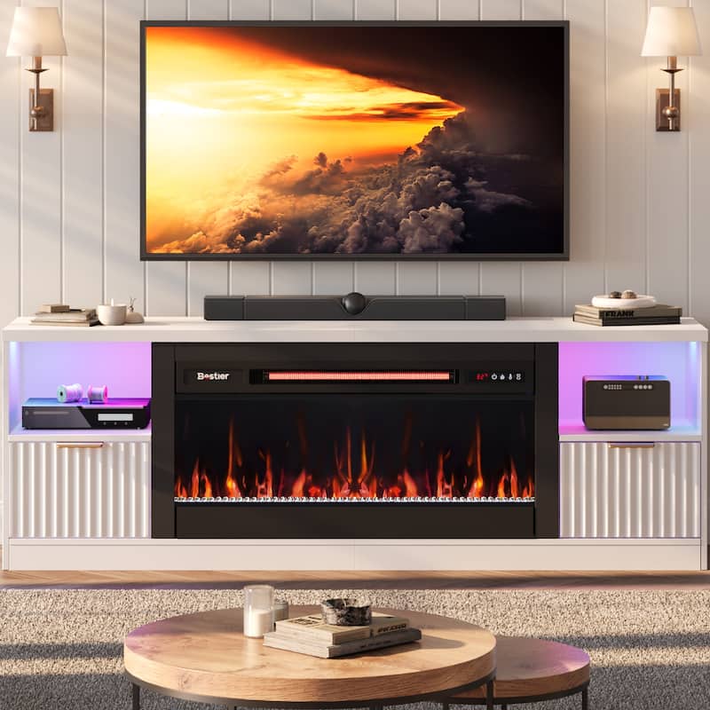 Bestier 71 in. Fluted Glossy White TV Stand with Electric Fireplace Fits TV Up to 75 in. Entertainment Center with Cabinet - White