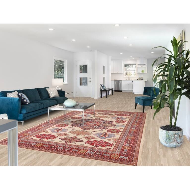 Ivory Geometric Kazak Area Rug Hand-Knotted Wool Carpet - 6'9" x 9'10"