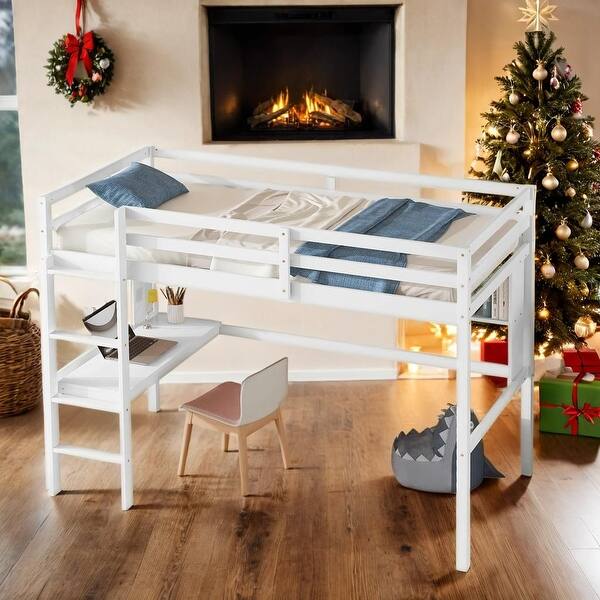 slide 2 of 15, Elegant Twin Loft Bed with Desk, Bookcase, and Ladder - Grey Pine Wood White