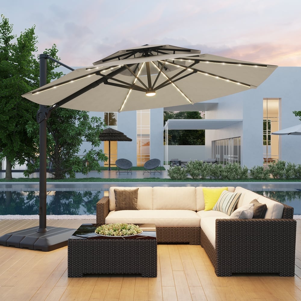 Bonosuki 11Ft Aluminum LED Cantilever Patio Umbrella with Base for Patio Deck Garden
